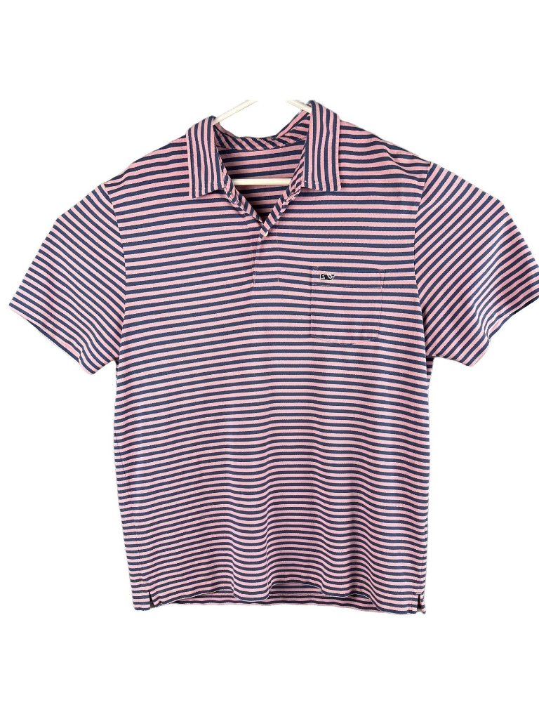 Vineyard Vines Mens Striped Polo Shirt Pink & Navy Pima Cotton Blend Short Sleev